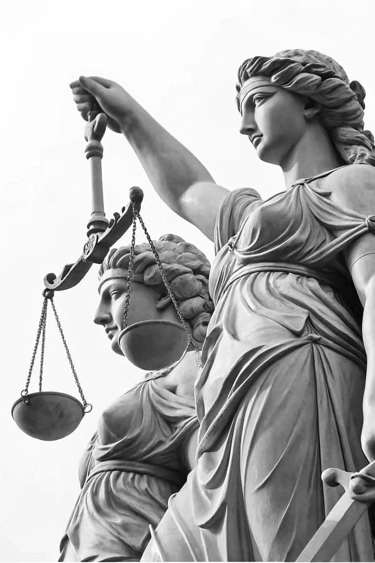Escultura de lady justice en una composición editorial
